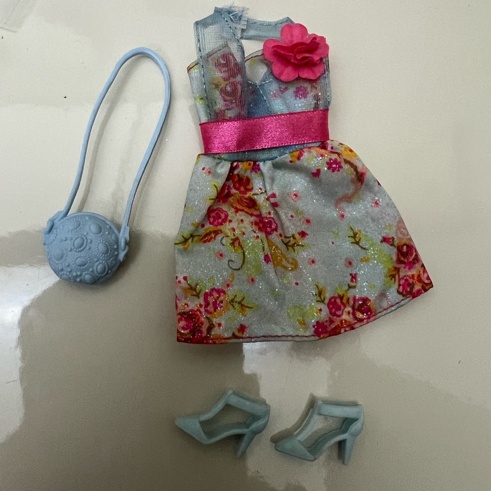 Barbie or any 12” Doll 3pc Blue Floral Short Dress, Blue Shoes & Pocketbook
